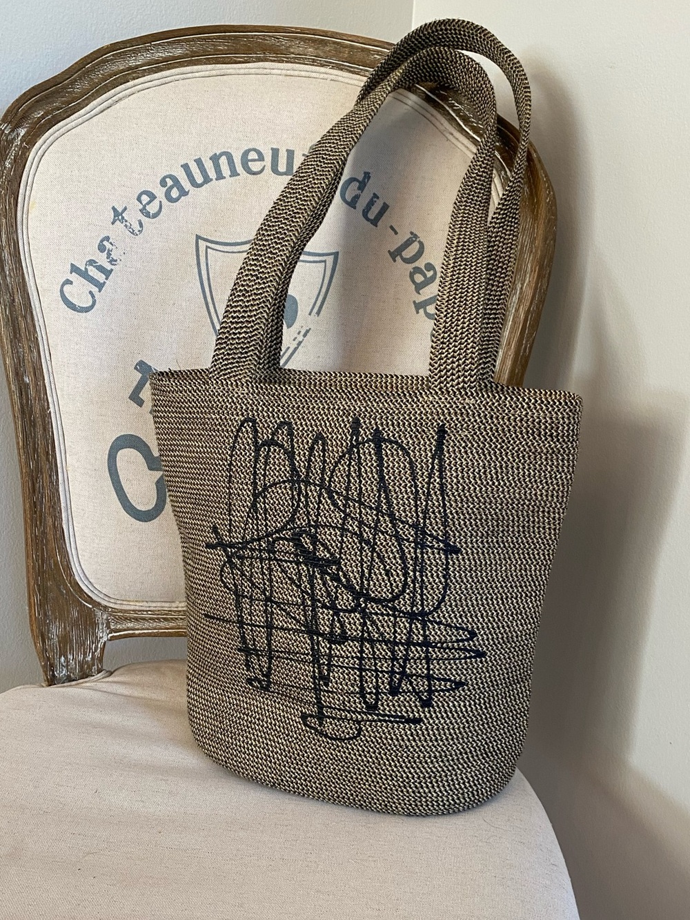 Vintage Woven Shoulder Bag with Black Abstract Script Detail